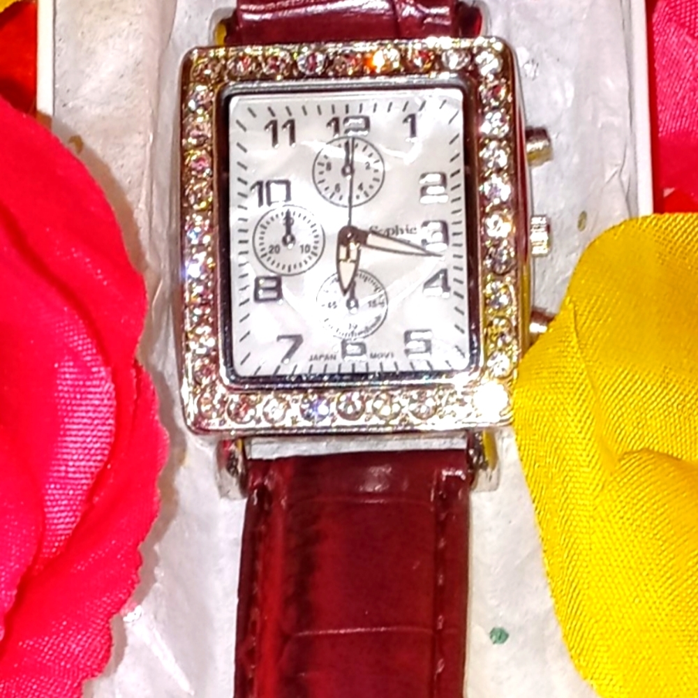 Sophie watch silver diamonds around it and red leather band